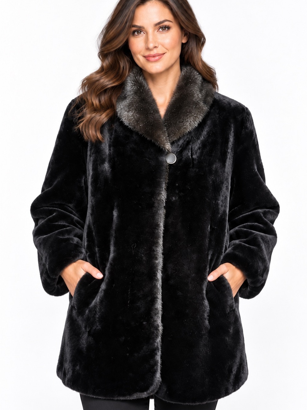 Style New York Vintage Black Faux Fur Coat Size 16 Plus Shawl Collar Made in USA